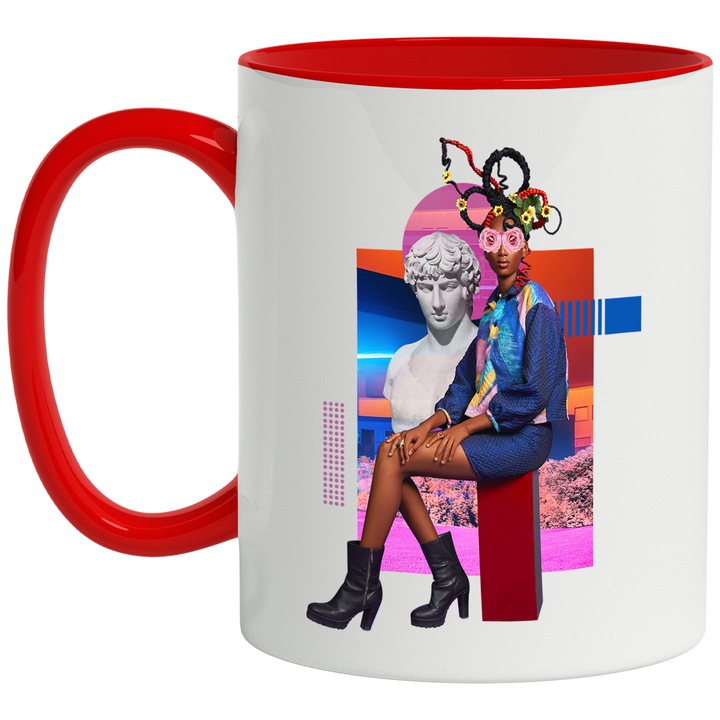 Cana Arta Modei, Statue, Grecia, Colaj, Abstract, Colorat, Ceramica, 330 ml, Multicolor cu maner Rosu