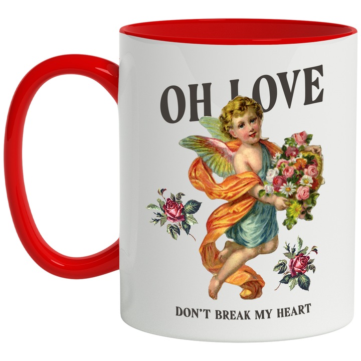 Cana Declaratie de Iubire, Oh Love, Don’t Break My Heart, Inger, Flori, Aripi, Ceramica, 330 ml, Multicolor cu maner Rosu