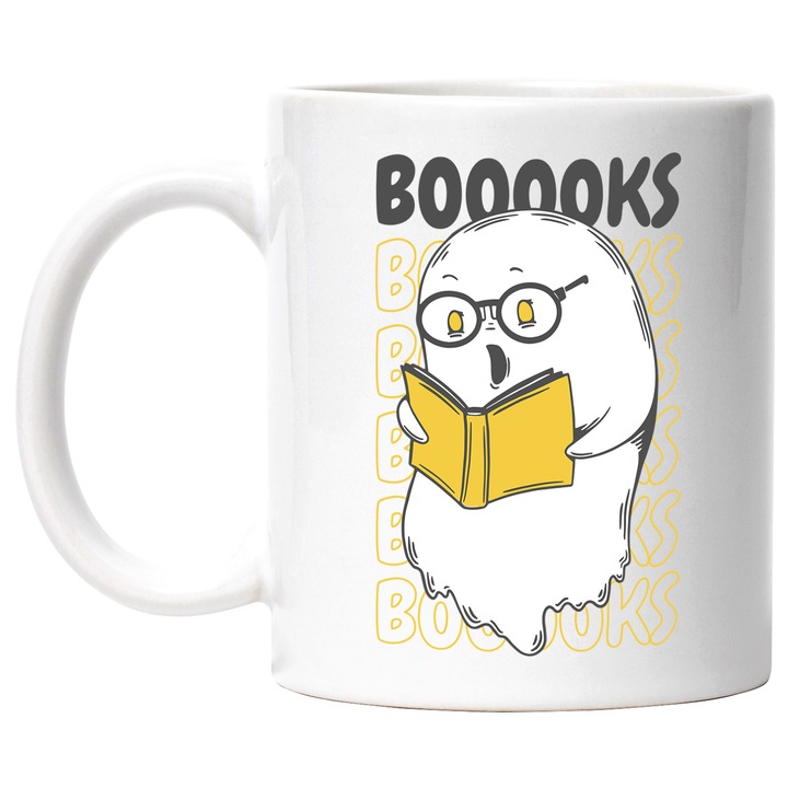 Cana Cu Mesajul Booooks, Fantoma Cu Ochelari Rotunzi Citind Dintr-o Carte, Desene Animate, Iubitorii De Carti, Multicolor, 330 ml, cu maner Alb