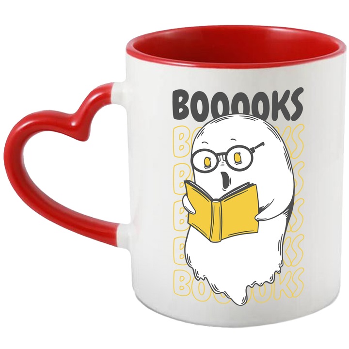 Cana Cu Mesajul Booooks, Fantoma Cu Ochelari Rotunzi Citind Dintr-o Carte, Desene Animate, Iubitorii De Carti, Multicolor, 330 ml, cu maner Inima Rosie