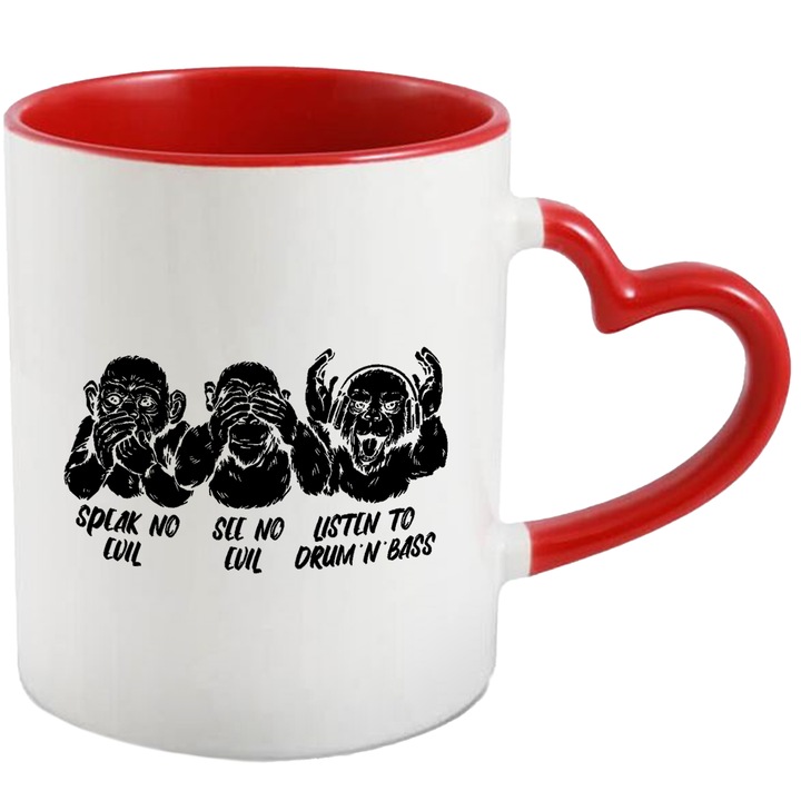 Cana Cu Mesajul Speak No Evil See No Evil Listen To Drum'N'Bas, Trei Maimute Emoji, Text In Engleza, Iubitorii De Muzica, Negru, 330 ml, cu maner Inima Rosie