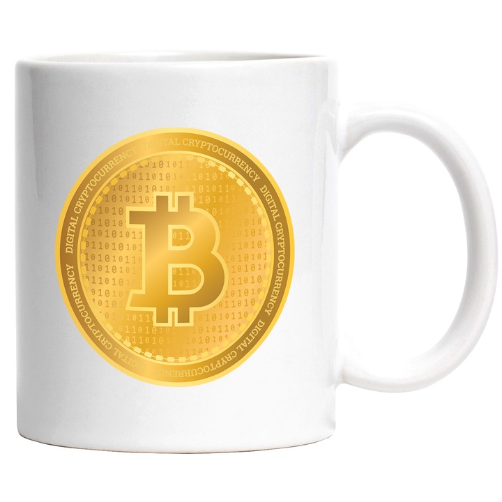Cana Cu Simbol Bitcoin, Banut De aur, Monede Virtuale, Iubitorii De Investitii 330 ml, cu maner Alb