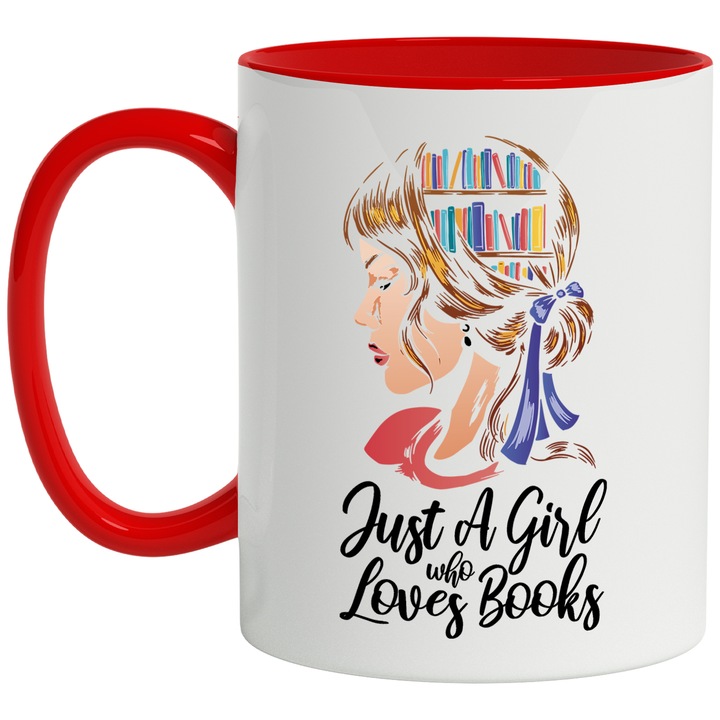 Cana Cu Chip Feminin Cu Fundita, Imagine Bibloteca Pe Par, Text In Engleza Just A girl Who Loves Books, Iubitorii De Carti, Multicolor, 330 ml, cu maner Rosu