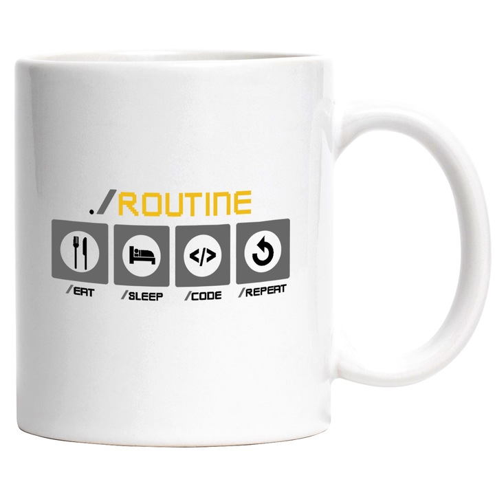 Cana Cu Designe Unic Programatori, Eat Sleep Code Repete, Text In Engleza, Iubitorii De Code, Multicolor, 330 ml, cu maner Alb