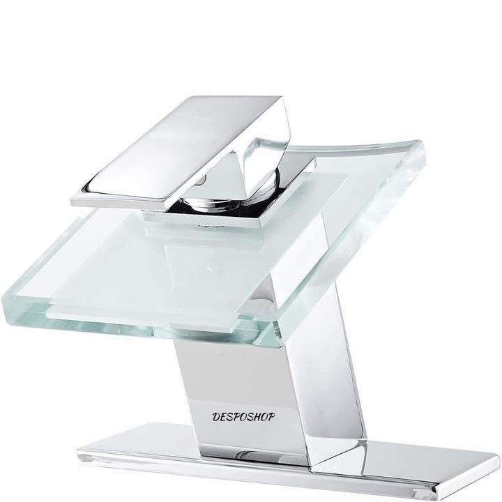 Baterie chiuveta cu folosinta pentru baie sau bucatarie tip cascada, un singur orificiu de iesire al apei, aspect transparet, culoare chrome, un desing modern, usor de montat, inclus un set de 5 bureti de vase, Curgere uniforma