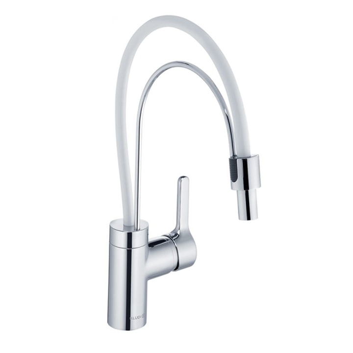 Смесител за кухня KLUDI BINGO STAR, хром, едноръкохватков, лебедово гърло, изтеглящ се смесител, монтаж на мивка или на плот