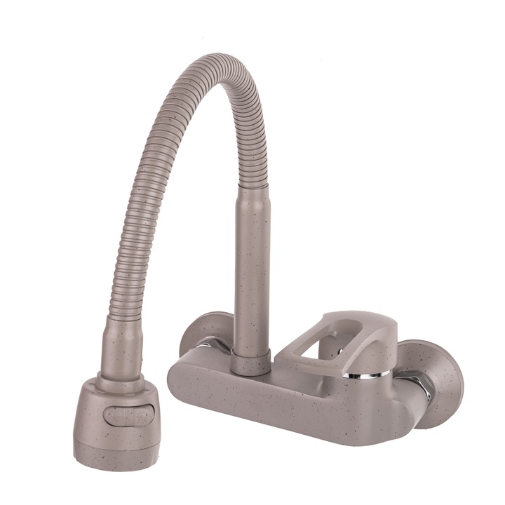 Смесител за кухня, стенен монтаж, гъвкав кран, двуфункционален аератор, сив гранит TRENDY'S