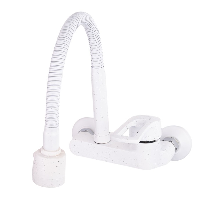 Baterie bucatarie, prindere pe perete, pipa flexibila, perlator doua functii, granit alb TRENDY’S