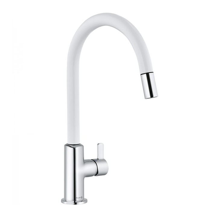 Смесител за кухня KLUDI BINGO STAR XS, бял мат/хром, едноръкохватков, лебедово гърло, изтеглящ се смесител, монтаж на мивка или плот