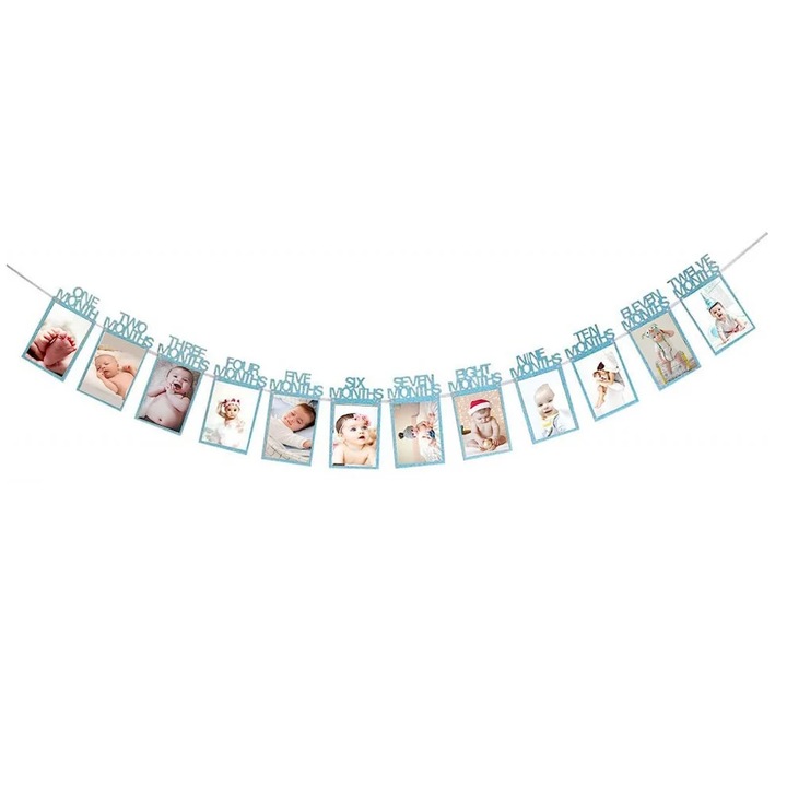 Банер с фоторамки за снимки на бебета 1-12 месеца Jinlaiyun, хартия, синьо, 12,5 х 21,5 см