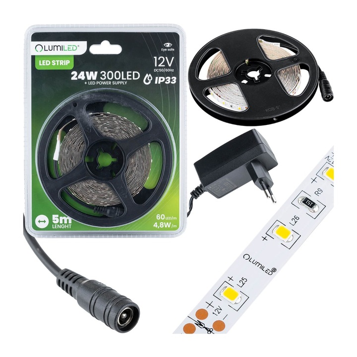 Set banda LED + incarcator, Lumiled, Clasa F, 8 mm x 5 m, 24 W, 300 LED-uri, 528 lm, 12 V DC, IP33, Alb neutru