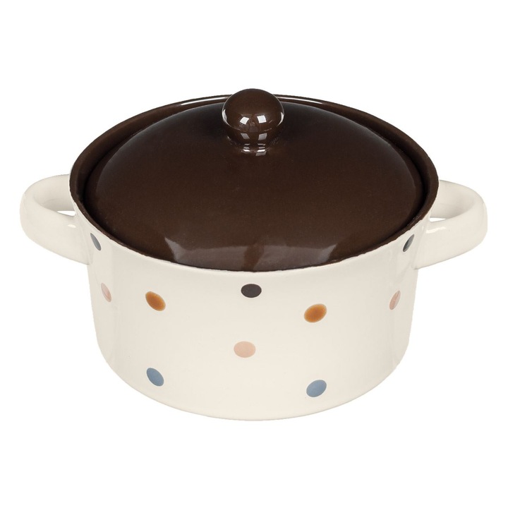 Bol cu maner si capac din ceramica, cu buline, 650 ml, 14x7cm, Callena