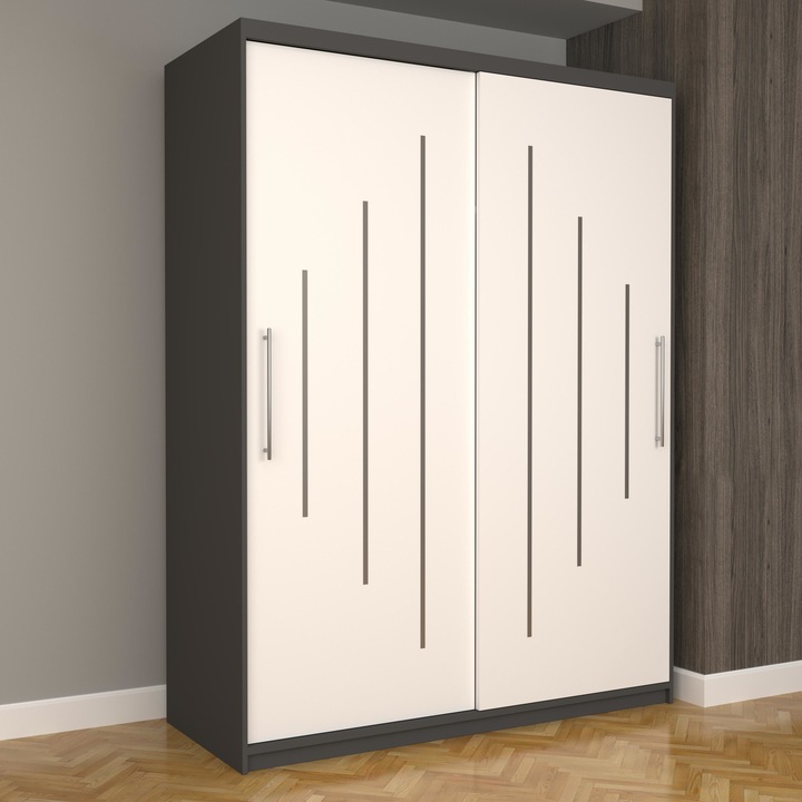 Dulap Dormitor Stefan Ultra 150 cm x 200 cm x 61 cm, fara oglinda, gri cu usi glisante albe