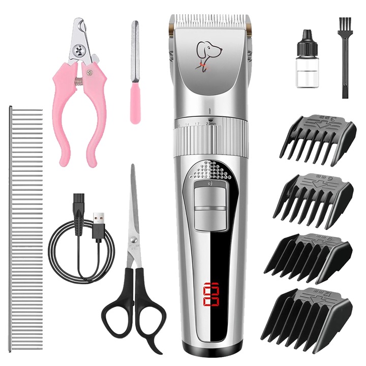 Masina de tuns animale BYONDSELF®, 1200 mAh, Autonomie 3 ore, cu Pieptene, Cleste unghii, Foarfeca, Pila, caini, pisici，Argintiu