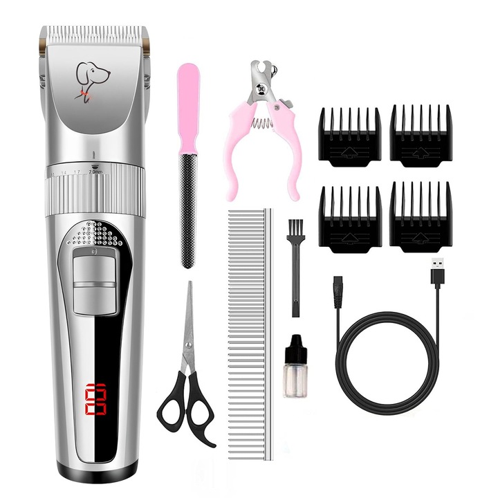 Машинка за подстригване на животни, кучета, котки, с LCD екран, BYONDSELF Wireless Trimmer, 1200 mAh, Автономия 3 часа, Сребрист