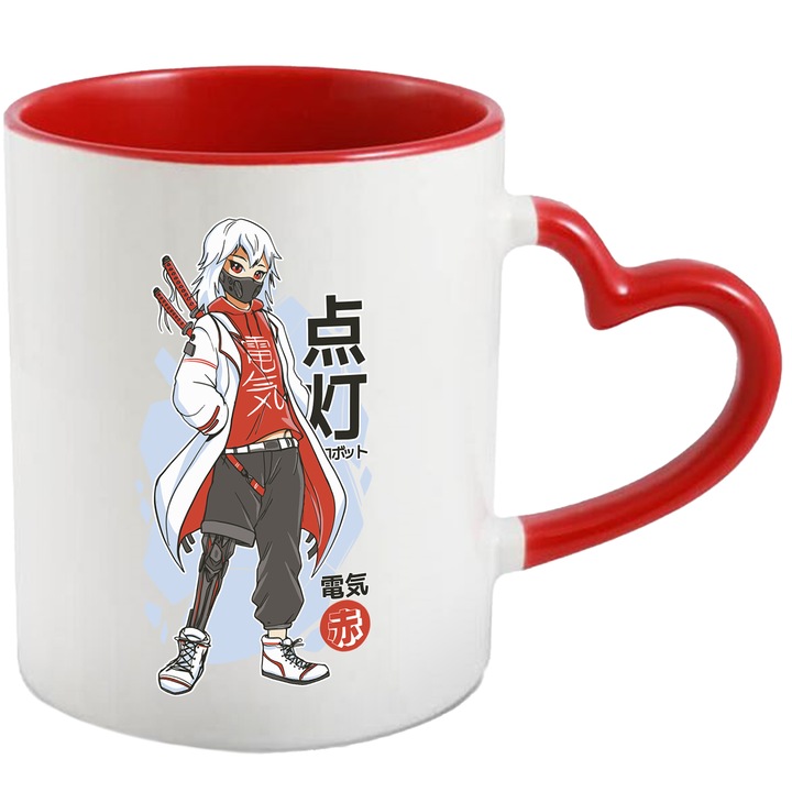 Cana Caracter Anime, Japonia, Ceramica, 330 ml, Multicolor cu maner Inima Rosie