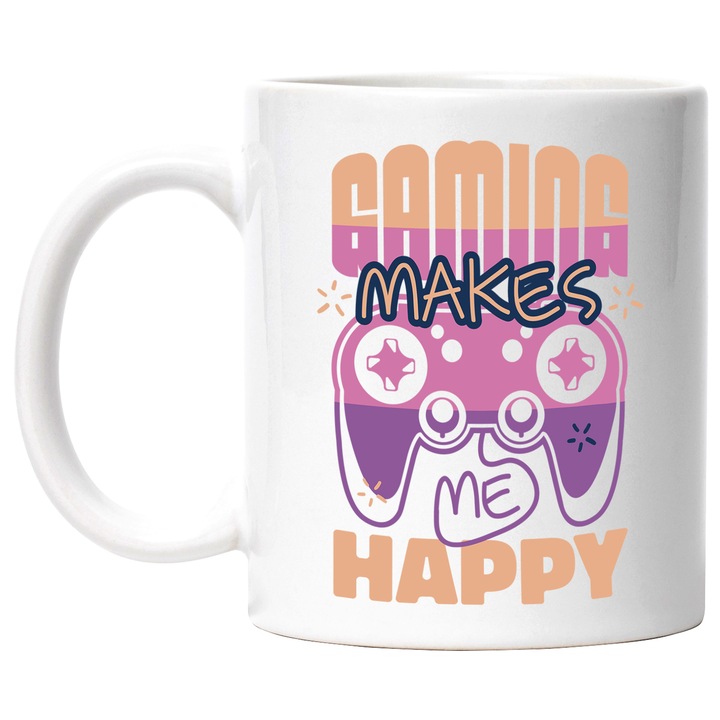 Cana Cu Mesajul Gaming Makes Me Happy, Text In Engleza, Maneta Play Station, Iubitorii De Jocuri Video, Multicolor, 330 ml, cu maner Alb