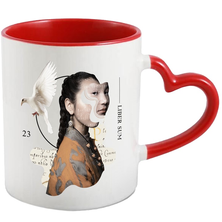 Cana Cu Arta Abstracta, Chip Fata Asiatica Intrerupt, Porumbel Alb, Pace, Iubitorii De Anime, Multicolor, 330 ml, cu maner Inima Rosie