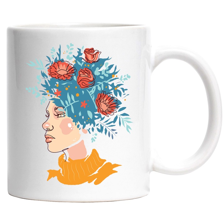 Cana Cu Chip Feminin Cu Flori In Loc De Par, Pulover Galben, Iubitorii De Flori, Multicolor, 330 ml, cu maner Alb