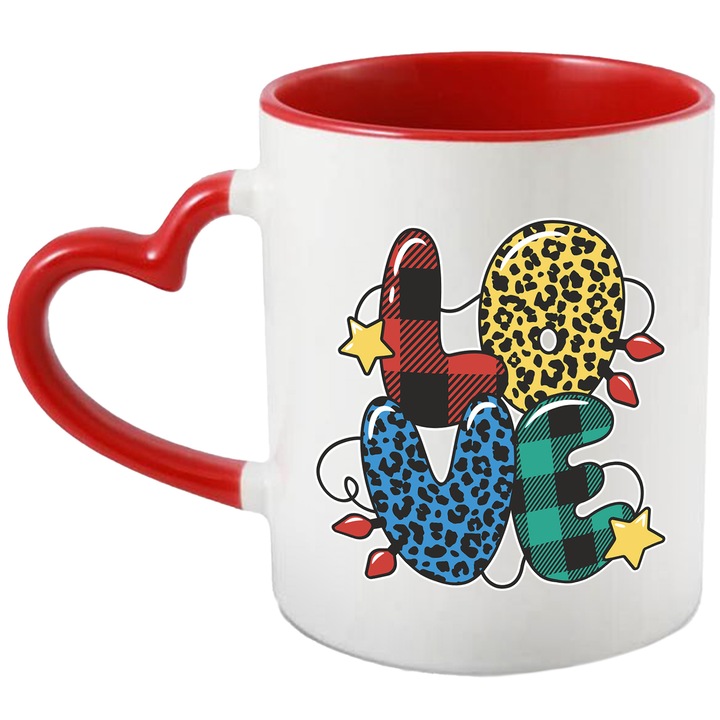 Cana Cu Mesajul Love, Iubire, Optimist, Iubitorii De Buna Stare, 330 ml, cu maner Inima Rosie
