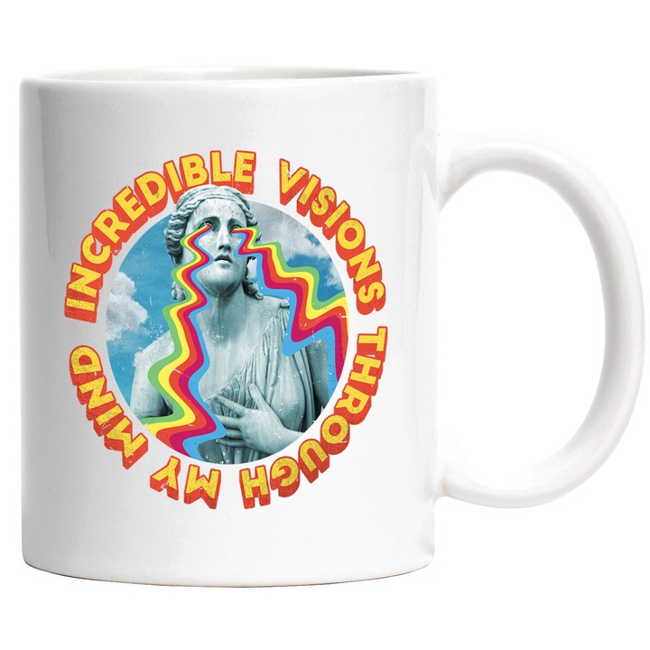 Cana Cu Mesajul Incredible Vision Through My Mind, Text In Engleza, Statuia Libertatii, Lacrimi Stil Curcubeu, 330 ml, cu maner Alb