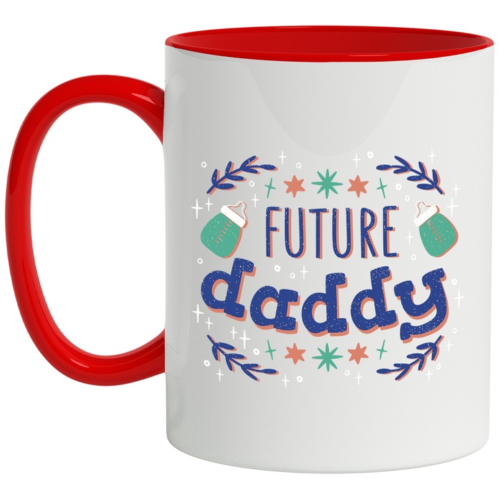 Cana Cu Mesajul Future Daddy, Text In Engleza, Viitor Tatic, Iubitorii De Familie, Multicolor, 330 ml, cu maner Rosu