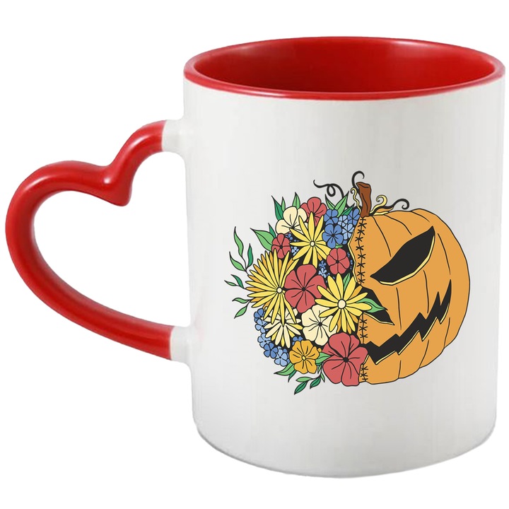 Cana Cu Dovleac de Hallowen, Flori Multicolor, Sarbatoare Infricosatoare, Iubitorii De Dovleac, 330 ml, cu maner Inima Rosie