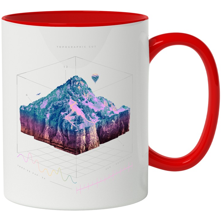 Cana Holograma, Munte, Arta, Design Creativ, Ceramica, 330 ml, Multicolor cu maner Rosu