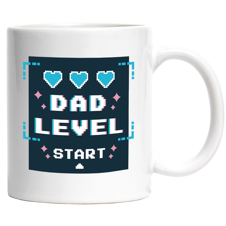Cana Cu Mesaju In Engleza Dad Level Start, Imagine Stil Jocuri Video, Familie, Viitori Tatici 330 ml, cu maner Alb