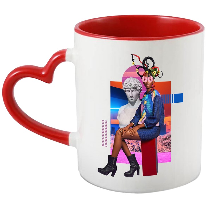 Cana Arta Modei, Statue, Grecia, Colaj, Abstract, Colorat, Ceramica, 330 ml, Multicolor cu maner Inima Rosie