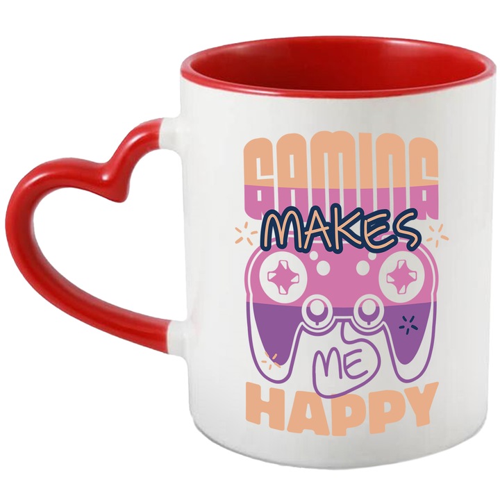 Cana Cu Mesajul Gaming Makes Me Happy, Text In Engleza, Maneta Play Station, Iubitorii De Jocuri Video, Multicolor, 330 ml, cu maner Inima Rosie