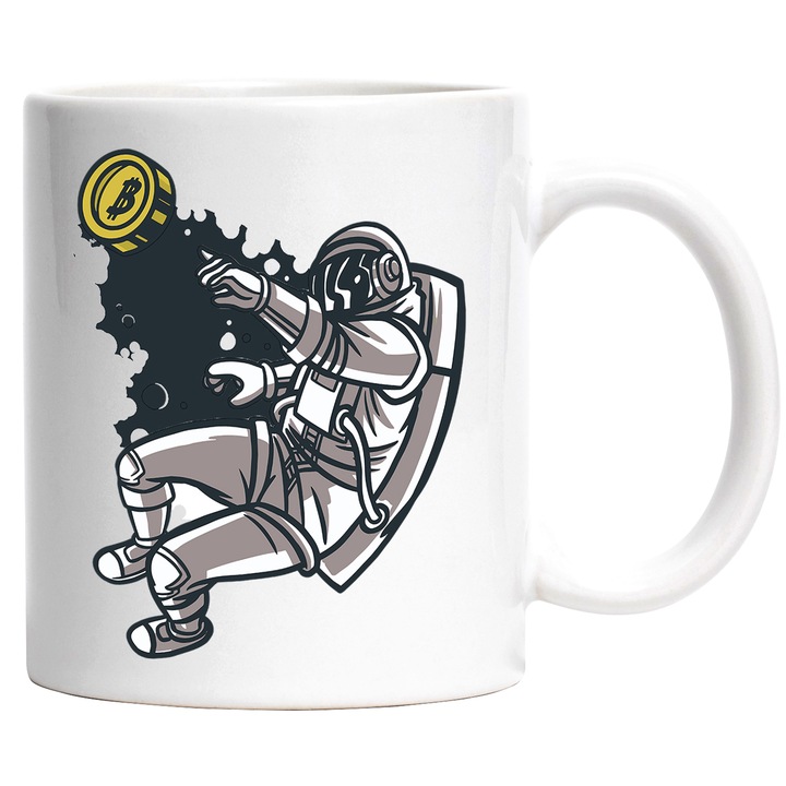 Cana Cu Astronaut In Cadere, Moneda Bitcoin, Investitii, Crypto, Iubitorii De Monede Virtuale, 330 ml, cu maner Alb