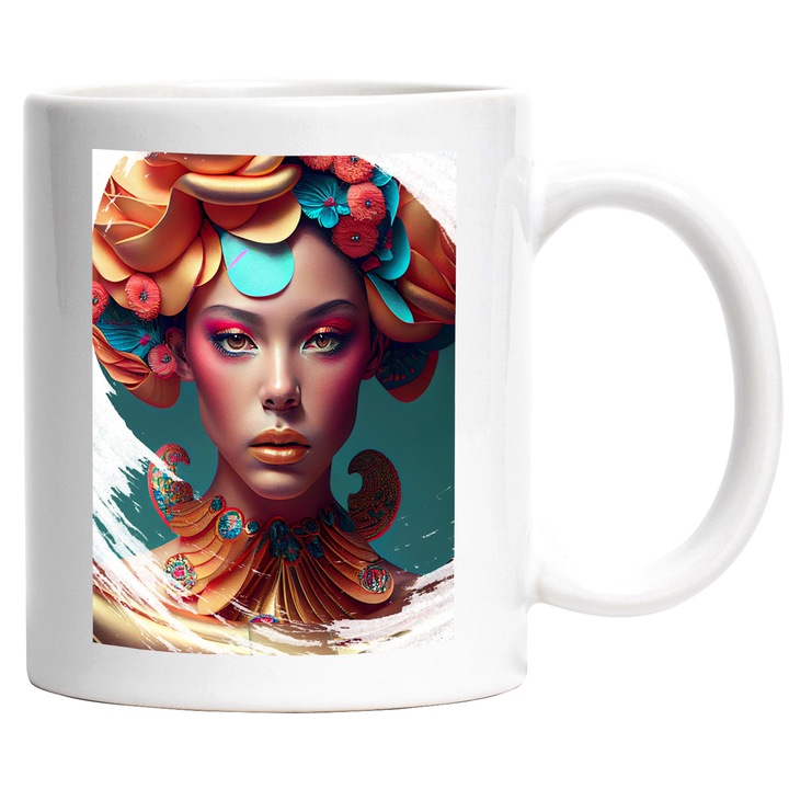 Cana Cu Portret Fata Bizara Palarie Multicolora, Make Up Abstract, Multicolor, 330 ml, cu maner Alb