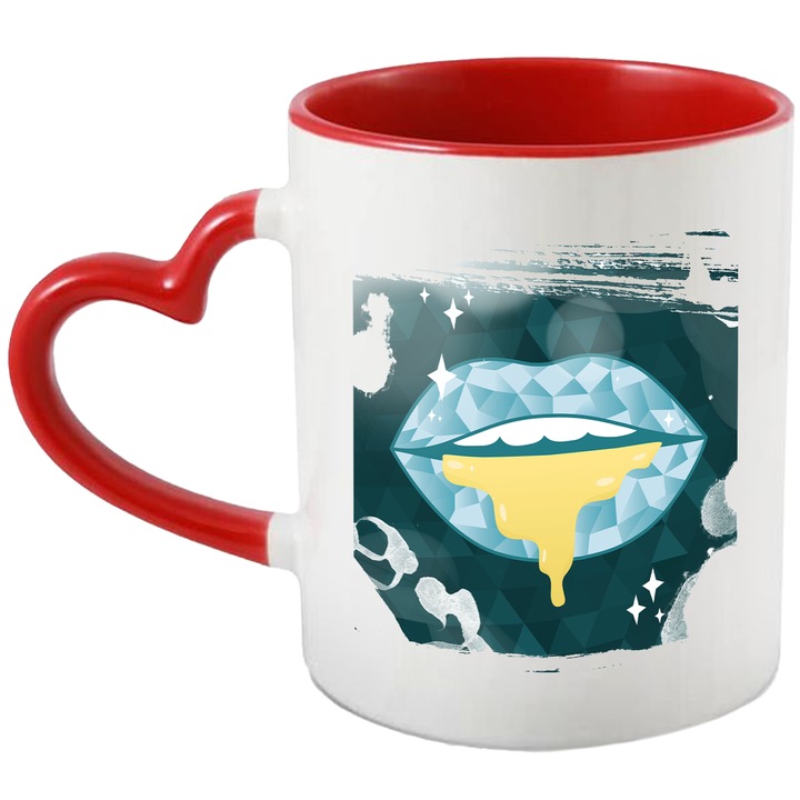 Cana Cu Pictura Abstracta, Buze Carnoase, Lichid Galben, Albastru, 330 ml, cu maner Inima Rosie