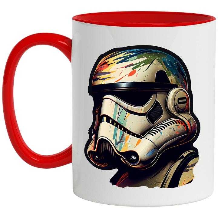 Cana Cu Portret Stil StarWars, Desene Animate Razboiul Stelelor, Soldat Cu Armura Alba Murdara De Vopsea Colorata, Copii, 330 ml, cu maner Rosu