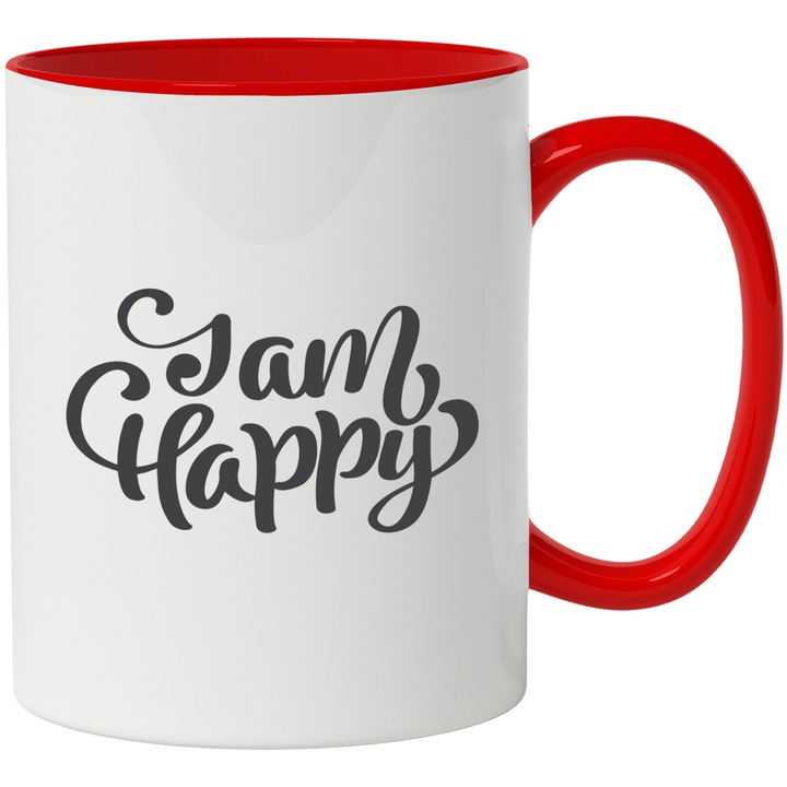 Cana Cu Mesaj I Am Happy, Motivational, Persoana Draga, Fericire, Negru, 330 ml, cu maner Rosu