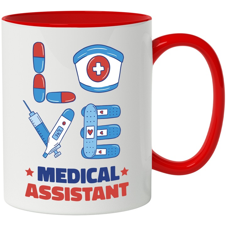 Cana Asistent Medical, Love Assistant, Ceramica, 330 ml, Multicolor cu maner Rosu