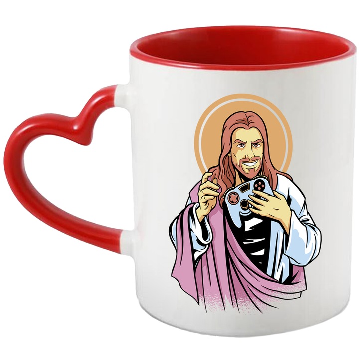 Cana Jesus, Jucator de Jocuri Video pe Console, Playstation, xbox, Ceramica, 330 ml, Multicolor cu maner Inima Rosie