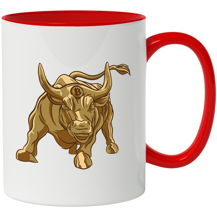 Cana Cu Taur Cu Coarne Auriu, Simbol Bitcoin In Frunte, Investitii, Crypto, Iubitorii De Monede Virtuale, 330 ml, cu maner Rosu