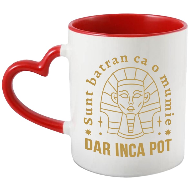 Cana Cu Mesajul Haios Sunt Batran Ca O Mumie, Arhologie, Istorie Personalizat, 330 ml, cu maner Inima Rosie