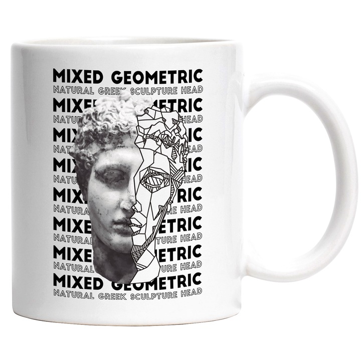 Cana Cu Mesajul Mixed Geometric, Text In Engleza, Chip Culptura Intrerupta, Iubitorii De Istorie, Multicolor, 330 ml, cu maner Alb