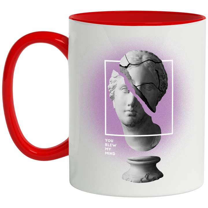 Cana Cu Arta Abstracta, Chip Sculptura Sparta, Fundal Roz, Arta Greceasca, Iubitorii De Istorie 330 ml, cu maner Rosu