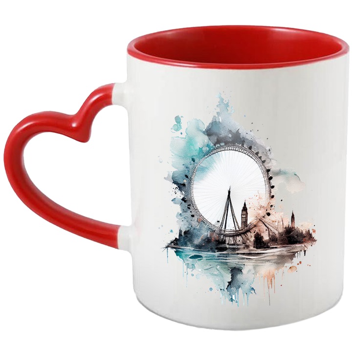 Cana Cu Pictura London Eye, Londra, Marea Britanie, Big Bean, Calatorii, Multicolor, 330 ml, cu maner Inima Rosie