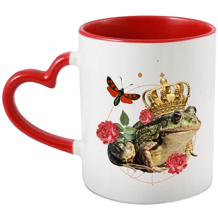Cana Cu Arta Abstracta, Broasca Regeasca, Trandafiri Roz, Fruture Zburand, Iubitorii De Povesti Copii 330 ml, cu maner Inima Rosie
