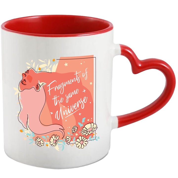 Cana Cu Arta Abstracta, Silueta Feminina Alecata Cu Parul In Jos, Flori Colorate, Text In Engleza Fragments Of The Same Univers, Self Love, Iubitorii De Sine, Multicolor, 330 ml, cu maner Inima Rosie