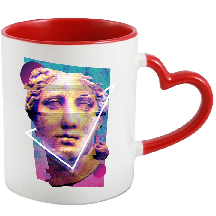 Cana Cu Arta Abstracta, Chip Sculptura Eroare Digitala, Fundal Roz Albastru, Arta Greceasca, Iubitorii De Istorie 330 ml, cu maner Inima Rosie
