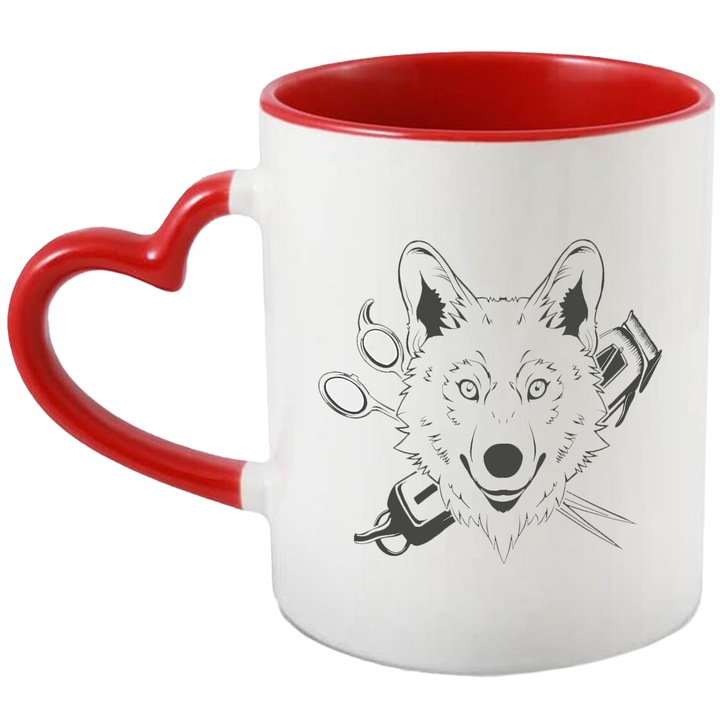 Cana Cu Lup Bine Coafat In Spate Foarfeca Si masina De tuns, Hairstyle, Haios, Negru, 330 ml, cu maner Inima Rosie