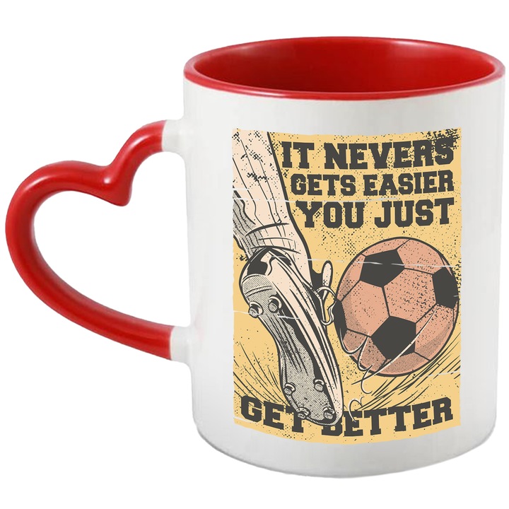 Cana Fotbalist Cu Mesaj Motivational in Engleza It Nevers Gets Easier You Just Get Better, Albastru Rosu, Iubitorii De Medicina, 330 ml, cu maner Inima Rosie