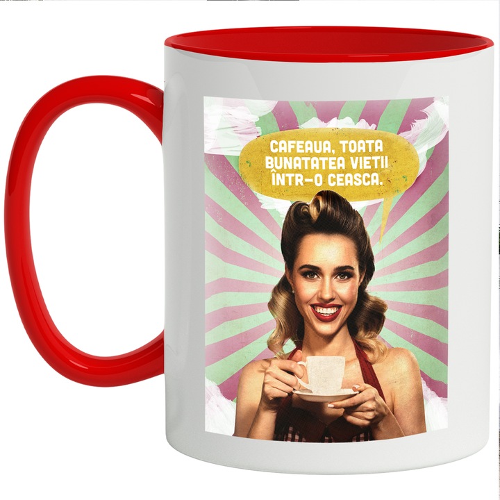 Cana Cu Mesaj Cafeaua, Toata Bunatatea Vietii Intr-o Ceasca, Haios, Iubitorii De Cafea, Fata Blonda Cu Cesca In Mana, Multicolor, 330 ml, cu maner Rosu