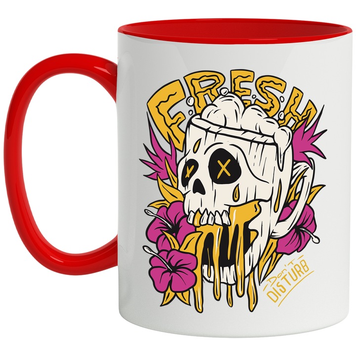 Cana Cu Craniu Om, Flori Roz, Text In Engleza Fresh, Rock, Iubitorii De Muzica Metal, Multicolor, 330 ml, cu maner Rosu